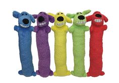 four stuffed animals are lined up in the same row, one has its mouth open