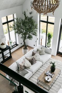 a living room filled with lots of furniture and a tree in the middle of it