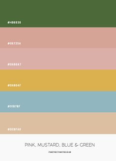 the color scheme for pink, mustard, blue and green is shown in different shades