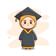 a cartoon character wearing a graduation cap and gown, standing in front of a beige background