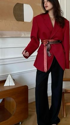 Red Blazer Aesthetic, Red Blazer Winter Outfit, Red Blazer Holiday Outfit, Red Oversized Blazer, Red Oversized Blazer Outfit, Blazer Rosso Outfit, Dark Red Blazer Outfit, Bold Feminine Aesthetic, Red Style Outfit