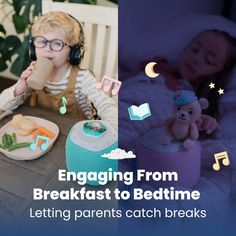 a little boy sitting at a table with headphones on and eating breakfast to bedtime