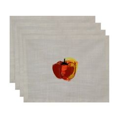 three napkins with an apple painted on them in red, yellow and orange colors