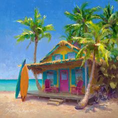 a painting of a house on the beach with a surfboard in front of it