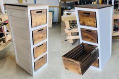 two pictures of the same storage unit in different stages of being assembled and put together