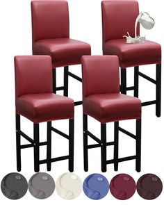 four red leather bar stools with matching footrests and various color options for each chair