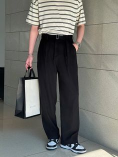 Belted Loose Leg Pants | Streets of Seoul | Men's Korean Style Fashion Straight Pants Outfit Casual, Minimal Outfit Korean, Black Dress Pants Outfits, Korean Streetwear Fashion, Outfits Men Streetwear, Straight Suit, Classy Outfits Men, Pants Outfit Casual, Korean Streetwear