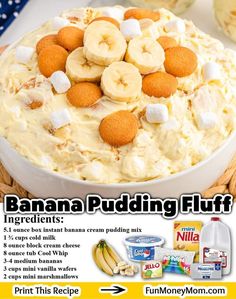 a banana pudding in a white bowl with marshmallows and bananas on top