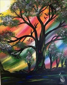 an acrylic painting of a tree with colorful sky in the background and birds flying around