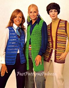 "Offering a vintage PDF crochet pattern collection to make three fun and funky 1970s era vests - one to knit and two to crochet! Instructs for 3 sizes for each -  Small ( 8 to 10), Medium (12 to 14) and Large ( 16). Offers complete instructions to make three groovy designs, including: \"The\" Vest  to crochet ( left on photo) Way Out Vest to crochet - (middle in photo) Art Deco Vest to knit - (last in photo). Instructs on materials, hooks, gauge and stitches needed ( as seen listed in 3rd photo) Womens Vest Pattern, 70s Mode, Gilet Crochet, Three Women, Stil Boho, Fashion Crochet, Vintage Memory, Vest Pattern, Crochet Vest