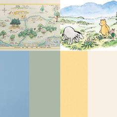 winnie the pooh and piglet wallpapers in yellow, blue, and green