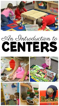 an image of children playing with toys in the classroom and text overlay that reads an instruction to centers