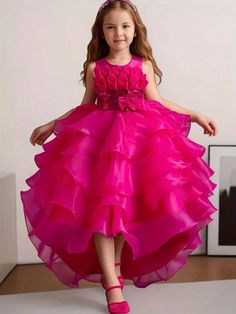 Tween Girl Shiny Sequin Multi-Layer Tulle Prom Party Dress, Bridesmaid Graduation Wedding Princess Dress For 4 Seasons Hot Pink   Sleeveless Mesh Fabric Plain Fit and Flare Non-Stretch All Tween Girls Clothing, size features are:Bust: ,Length: ,Sleeve Length: