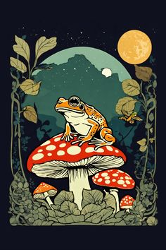 Frog Sitting On The Big Mushroom Under The Moon T-Shirt Cottagecore Halloween Aesthetic, Frog Graphic Design, Animals With Mushrooms, Mushroom Frog Painting, Frog Drawing Aesthetic, Grungy Illustrations, Aesthetic Mushroom Art, Frog And Mushroom Art, Moon Drawings Aesthetic