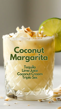 Coconut Margarita Coconut Tequila, Coconut Margarita, Yummy Alcoholic Drinks, Boozy Drinks, Mixed Drinks Recipes, Margarita Recipe, Cocktail Drinks Recipes, Margarita Recipes, Alcohol Drink Recipes