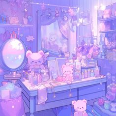 a room filled with lots of stuffed animals and toys on top of a table next to a mirror