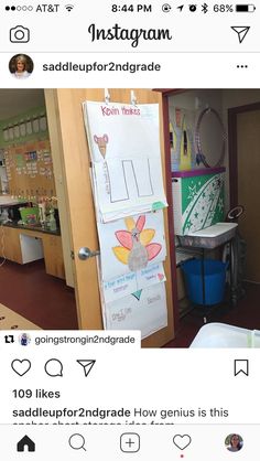 a classroom with posters on the door and desks in the back ground, along with other school supplies