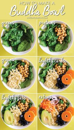 the instructions for how to make buddha bowl with vegetables and grains in it on a yellow background