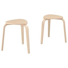 two wooden stools sitting next to each other on a white background, one is made out of plywood