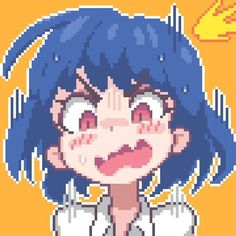 an anime character with blue hair and white shirt, smiling at the camera in front of yellow background