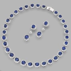 "18 Karat White Gold, Sapphire and Diamond Necklace and Pendant-Earrings The slightly graduated necklace set with oval sapphires weighing approximately 41.50 carats, framed by round diamonds weighing approximately 20.50 carats, length 15¾ inches; the earrings set with oval sapphires weighing approximately 7.40 carats, framed and spaced by round and baguette diamonds weighing approximately 4.50 carats--two AGL report--the sapphires are of Burmese origin,no gemological evidence of heat" ©Sotheby's Saphire Jewelry, Jewellery Design Gold, Convertible Jewelry, Latest Gold Jewellery, Sapphire Diamond Necklace, Guitar Patterns, Blue Sapphire Jewelry, Jewelry Set Design, Graduation Necklace