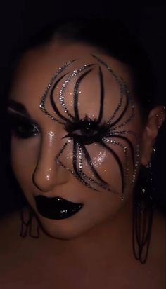 Spider Rhinestone Makeup, Rhinestone Halloween Makeup, Spider Queen Makeup, Spider Web Makeup, Spider Makeup, Halloween Glam, Spider Witch, Spfx Makeup, Holloween Makeup