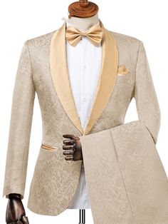 Mens Brown Tuxedo Wedding, Ivory Wedding Tuxedo For Men, Cream Grooms Suit, Golden Suits For Men, Yellow Wedding Suit Groom, Prince Charming Wedding Suit, White And Gold Groomsmen Suits, Men’s Wedding Wear, Beauty And The Beast Wedding Bridesmaid Dresses