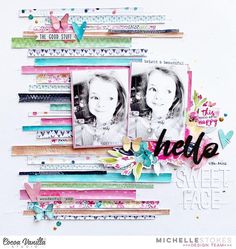 a scrapbook page with the words hello and two photos on top of each page