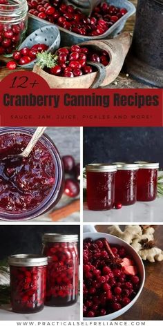 cranberry canning recipe in jars with text overlay that reads 12 cranberry canning recipes