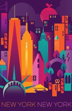 the new york city skyline is shown in this retro style poster, with colorful buildings and skyscrapers