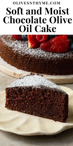 a slice of chocolate olive oil cake on a plate