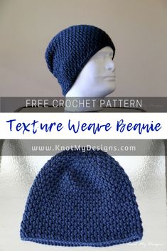 a crocheted beanie is shown with the text, texture weave beanie