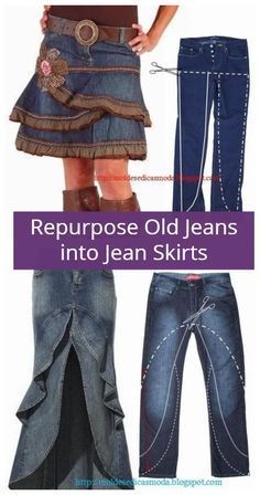 jeans with ruffled hems are shown in three different ways, including the front and back