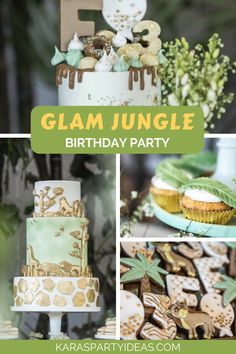 glam jungle birthday party with giraffe cake, cookies and cupcakes