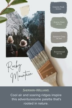 some paint colors and brush with the words rocky mountain on it, along with an image of two people