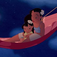 a woman and child are sitting in a hammock on the moonlit sky