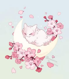 a white cat sleeping on top of a moon with pink flowers in the sky behind it