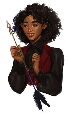 a drawing of a woman holding a wand and wearing a red jacket with black hair