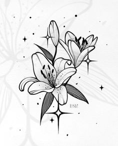 a black and white drawing of some flowers