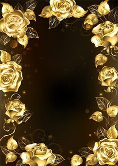 golden roses with leaves on a black background