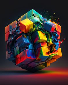 a colorful cube is shown in the middle of an abstract image with multicolored shapes