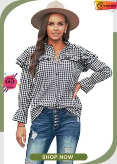 Black Plaid Button Ruffle Shirt Casual Tops With Button Closure And Ruffled Collar, Casual Top With Ruffled Collar And Button Closure, Chic Ruffled Button-up Top, Casual Blouse With Ruffle Sleeves And Button Closure, Fall Collared Top With Ruffles, Casual Tops With Buttons And Ruffle Sleeves, Fall Ruffled Collared Tops, Collared Ruffle Tops For Fall, Casual Ruffle Sleeve Tops With Buttons