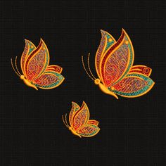 three embroidered butterflies on black fabric with orange and blue colors, each flying in the same direction