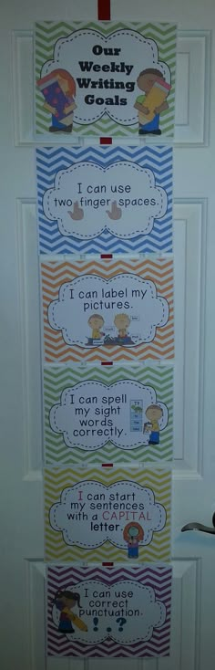 the door is decorated with posters and magnets to help kids learn how to use them