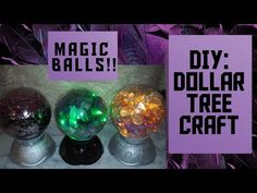 three different types of glitter balls on display in front of a sign that says, magic balls diy dollar tree craft