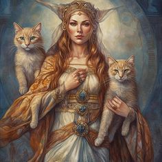 a painting of a woman with two cats in her arms and one cat on her shoulder