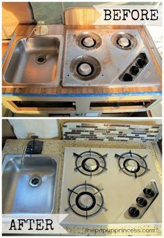 before and after photos of a kitchen stove with the bottom burner removed, top cooktop missing