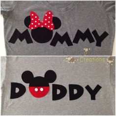 two shirts with mickey mouse and minnie mouse heads on them, one is grey and the other is red