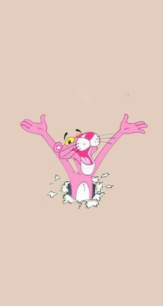 pink cartoon character with arms outstretched and eyes wide open