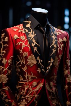 Poppy flower inspired suit Gold Suit, Stylish Mens Suits, Mens Wedding Attire, Illustration Fashion Design, Wedding Suits Men